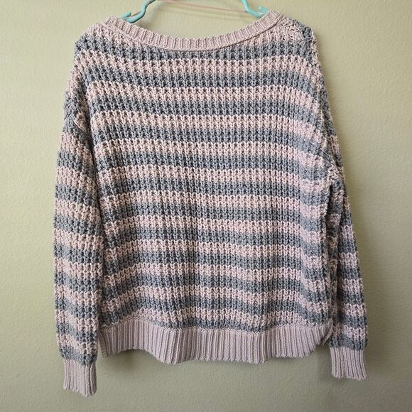 FREE PEOPLE Striped Oversized Chunky Cotton Knit Sweater Sz XS Pink Gray - Picture 6 of 12